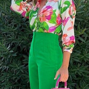Urban Floral Regular Fit Shirt Collar Blouse, Blouses and Shirts, color:Green|size:XXL, Stylewe