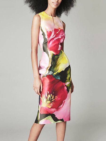 Notched Elegant Floral Sleeveless Dress, Midi Dresses, color:As Picture|size:XXL, Stylewe