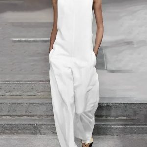 Urban Notched Plain Loose H-Line Jumpsuit, Jumpsuits, color:White|size:XS, Stylewe