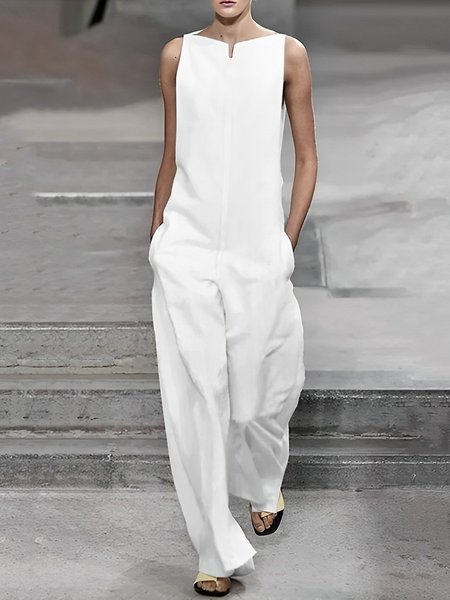 Urban Notched Plain Loose H-Line Jumpsuit, Jumpsuits, color:White|size:XS, Stylewe