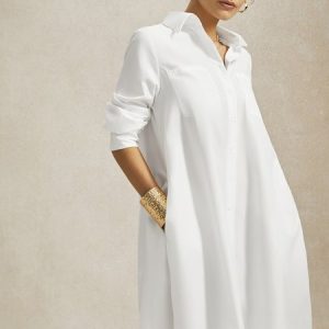 Better Basics Simple H-Line Shirt Dress, Midi Dresses, color:White|size:XS, Stylewe