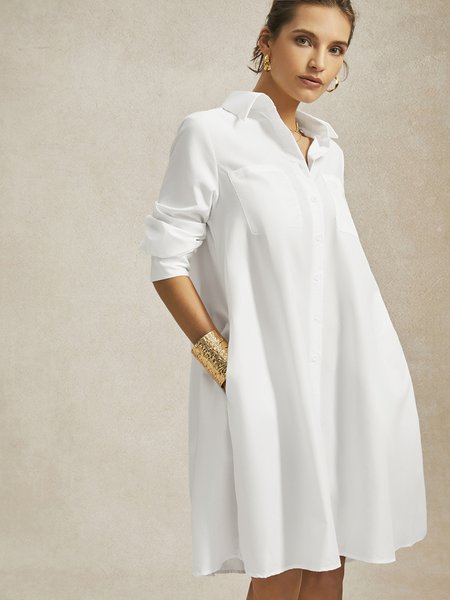 Better Basics Simple H-Line Shirt Dress, Midi Dresses, color:White|size:XS, Stylewe