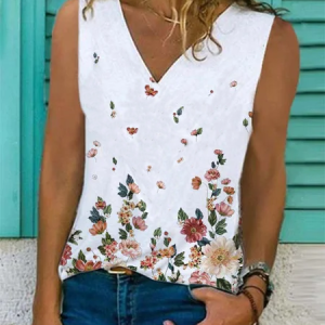 Sleeveless Casual Floral-Print Cotton-Blend Top, Tank Tops & Camis, Roselinlin - Online Catalog