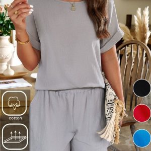 Casual Plain Crew Neck Cotton Two-Piece Set, Suits, Roselinlin - Online Catalog