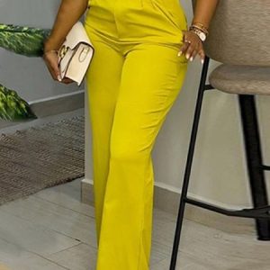Urban Plain Regular Fit Pants With Belt, Pants, color:Yellow|size:XXL, Stylewe