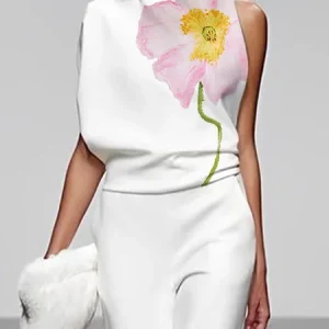 Urban Regular Fit Floral Sleeveless Tank Top, Tanks and Camis, color:White|size:XXL, Stylewe