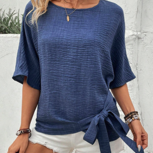 Plain Knot Front Casual Shirt, Blouses & Shirts, Roselinlin - Online Catalog