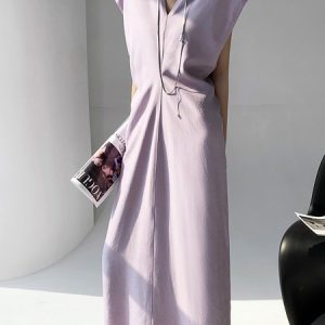 Daily Loose V Neck Plain Short Sleeve Elegant Dress, Maxi Dresses, color:Light Purple|size:XL, Stylewe
