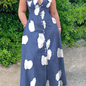 Regular Fit Geometric Shirt Collar Sleeveless Urban Maxi Dress, Maxi Dresses, color:Blue|size:XXL, Stylewe