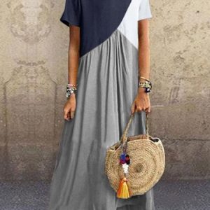 Women Paneled Cotton-Blend Short Sleeve Crew Neck Maxi Dress, Maxi Dresses, Roselinlin - Online Catalog