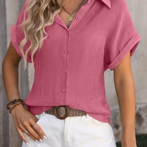 Casual Shirt Collar Plain Blouse, Blouses & Shirts, Roselinlin - Online Catalog