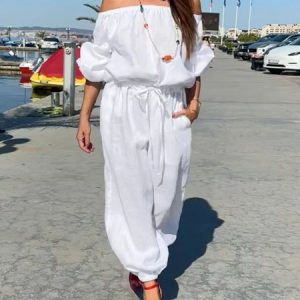 Off Shoulder Tie Waist Casual Loose Jumpsuit, Jumpsuits, color:White|size:XXL, Stylewe