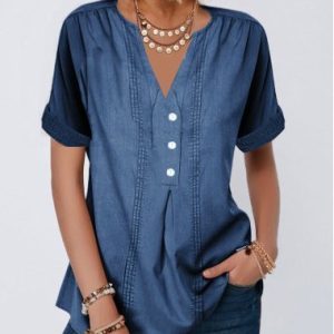 V Neck Short Sleeve Cotton-Blend T-shirt, Blouses & Shirts, Roselinlin - Online Catalog
