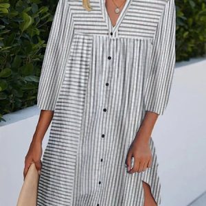 V Neck Striped Loose Casual Dress, Midi Dresses, Roselinlin - Online Catalog