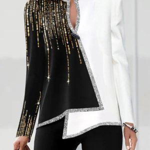 Color Block Asymmetric V Neck Party Long Sleeve Top, Blouses & Shirts, Roselinlin - Online Catalog