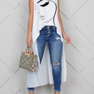 Sleeveless Crew Neck Casual Face Loose Shirt, Blouses and Shirts, color:White|size:XS, Stylewe