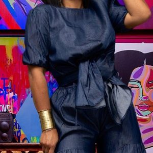 Plain Casual Crew Neck Short Sleeve Faux Denim Top, Blouses and Shirts, color:Denim Blue|size:XXL, Stylewe