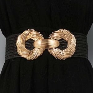 Exaggerated Circle Metal Buckle Straw Girdle, Belts, color:Black|size:One-size, Stylewe