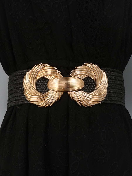 Exaggerated Circle Metal Buckle Straw Girdle, Belts, color:Black|size:One-size, Stylewe