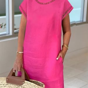 Women Hollow Out Half Turtleneck Pockets Short Sleeve Cotton And Linen Plain Vacation Dress, Midi Dresses, Roselinlin - Online Catalog