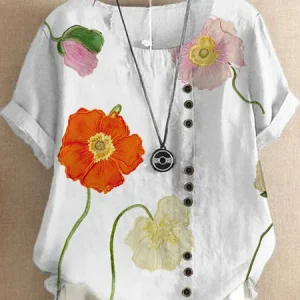 Women's Short Sleeve Shirt Summer Floral Crew Neck Daily Going Out Casual Top White, JustFashionNow Blouses, color:White|size:XXL,