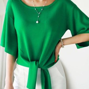 Knot Front Crew Neck Casual Loose Shirt, Blouses and Shirts, color:Green|size:XXL, Stylewe