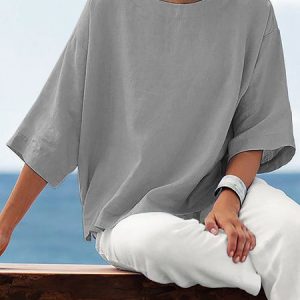 3/4 Sleeve Solid Casual Crew Neck T-Shirt, Blouses & Shirts, Roselinlin - Online Catalog