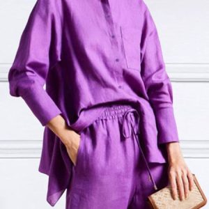 Daily Shirt Collar  Casual Plain Loose Linen Blouse, Blouses and Shirts, color:Purple|size:XXL, Stylewe