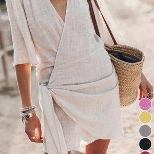 V Neck Knot Front Casual Loose Dress, Midi Dresses, Roselinlin - Online Catalog