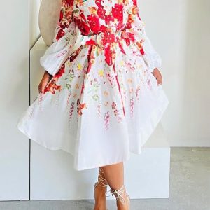 Urban Floral Stand Collar Regular Fit Shirt Dress With Belt, Midi Dresses, color:White|size:XXL, Stylewe