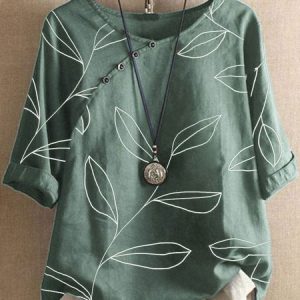 Linen Leaf Print Buttoned Short Sleeve Blouse, Blouses & Shirts, Roselinlin - Online Catalog