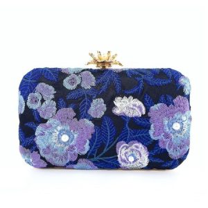 Elegant Floral Embroidery Beaded Clutch Bag Party Handbag with Crossbody Metal Chain Strap, Bags, color:Black-blue|size:One-size, Stylewe