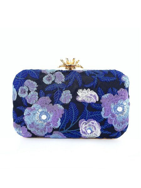 Elegant Floral Embroidery Beaded Clutch Bag Party Handbag with Crossbody Metal Chain Strap, Bags, color:Black-blue|size:One-size, Stylewe