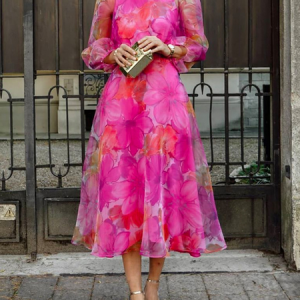 Plus Size Elegant Regular Fit Floral Crew Neck Midi Dress, Plus Dresses, color:Deep Pink|size:4X, Stylewe