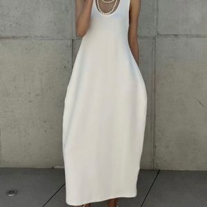 Plain Casual Sleeveless Loosen Midi Dress, Midi Dresses, color:White|size:XXL, Stylewe
