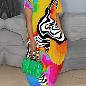 Loose Medium Elasticity Vacation Crew Neck Short SleeveMaxi Dress, Maxi Dresses, color:As Picture|size:XXL, Stylewe