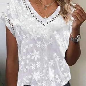 Plain Casual Embroidery V Neck Shirt, Tees & T-shirts, Roselinlin - Online Catalog