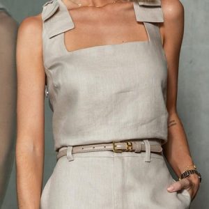Plain Urban Square Neck Linen Tank Top, Tanks and Camis, color:As Picture|size:XXL, Stylewe