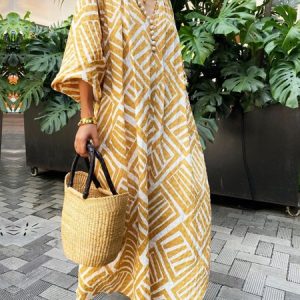 Vacation Loose V Neck Loose Geometric Dress With Belt, Maxi Dresses, color:Yellow|size:XL, Stylewe