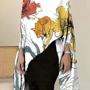 Elegant Stand Collar Floral Loose Shirt, Blouses and Shirts, color:White|size:XXL, Stylewe