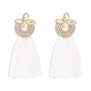Multicolor Rhinestone Embellished Tassel Earrings, Earrings, color:White|size:One-size, Stylewe