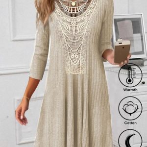 Plain Elegant Crew Neck Lace Dress With No, Midi Dresses, Roselinlin - Online Catalog