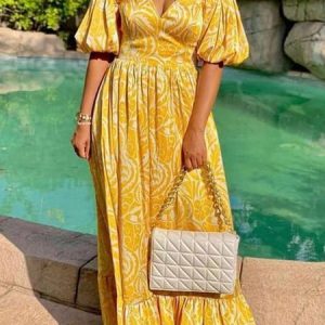 Vacation Regular Fit Plants Cold Shoulder Dress, Maxi Dresses, color:Yellow|size:XXL, Stylewe