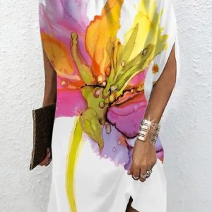 Loose Stand Collar Floral Vacation Dress, Mini Dresses, color:White|size:XXL, Stylewe