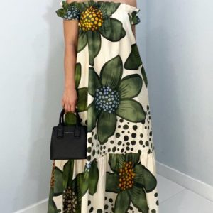 Vacation Floral Loose Cold Shoulder Maxi Dress, Maxi Dresses, color:Green|size:XXL, Stylewe