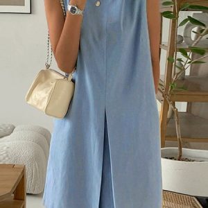 Casual Crew Neck Loose Cotton Dress, Midi Dresses, Roselinlin - Online Catalog