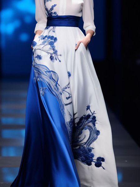 Regular Fit Pocket Stitching Satin Elegant Skirt With Belt, Skirts, color:Blue|size:XXL, Stylewe