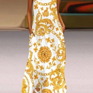 Casual V Neck Loose Pockets Abstract Dress, Maxi Dresses, color:Yellow|size:XXL, Stylewe