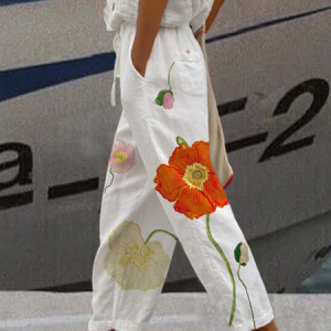 Women's H-Line Turnip Pants Daily Going Out Pants Casual Floral Spring/Fall Pants, JustFashionNow Pants, color:White|size:XXL,