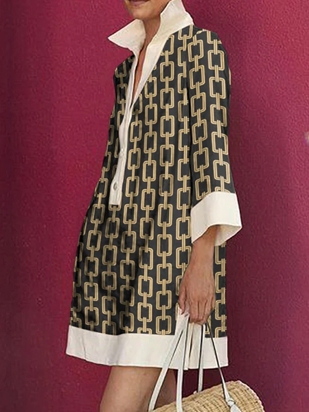 Vacation Loose Color Block Three Quarter Sleeve Shirt Dress, Mini Dresses, color:As Picture|size:XXL, Stylewe